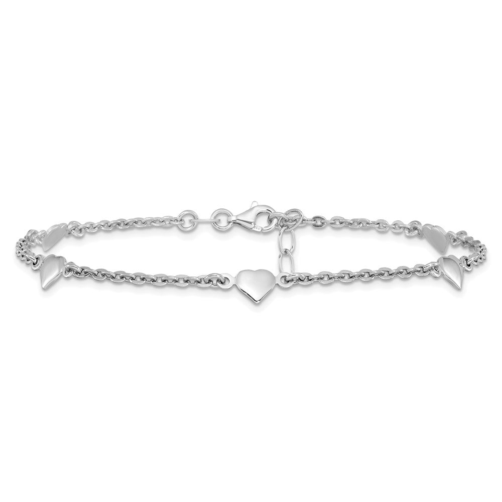 Sterling Silver Rhodium-plated Polished Heart 5-Station 9 inch with 1 inch extender - Total 10 inch Anklet