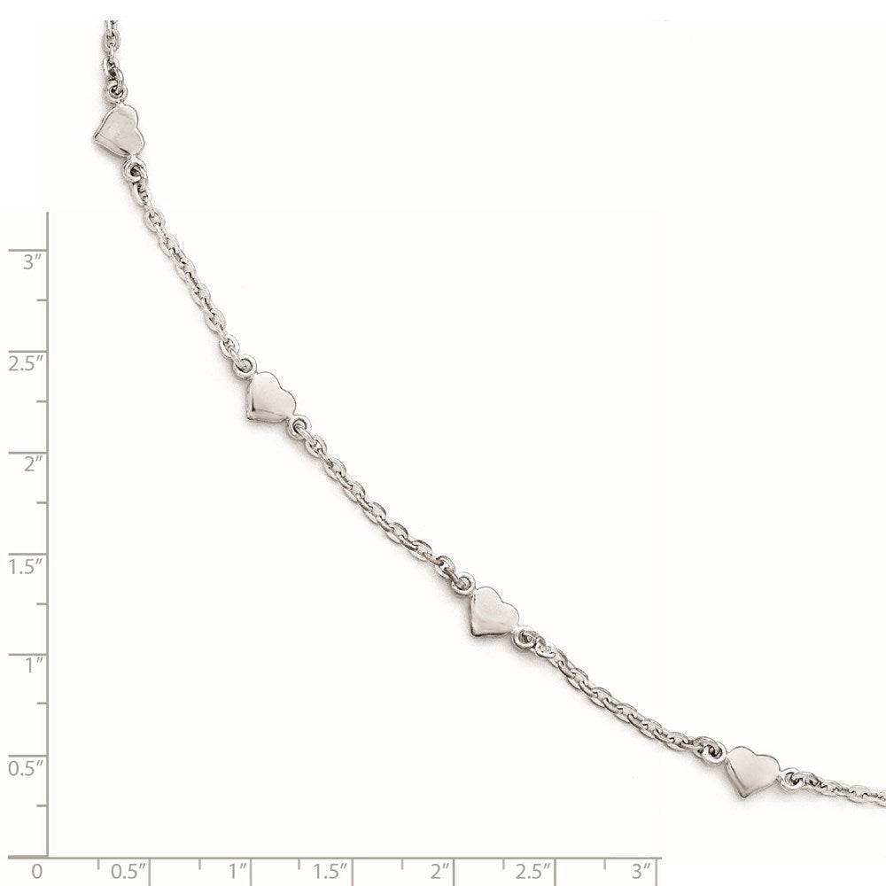 Sterling Silver Rhodium-plated Polished Heart 5-Station 9 inch with 1 inch extender - Total 10 inch Anklet