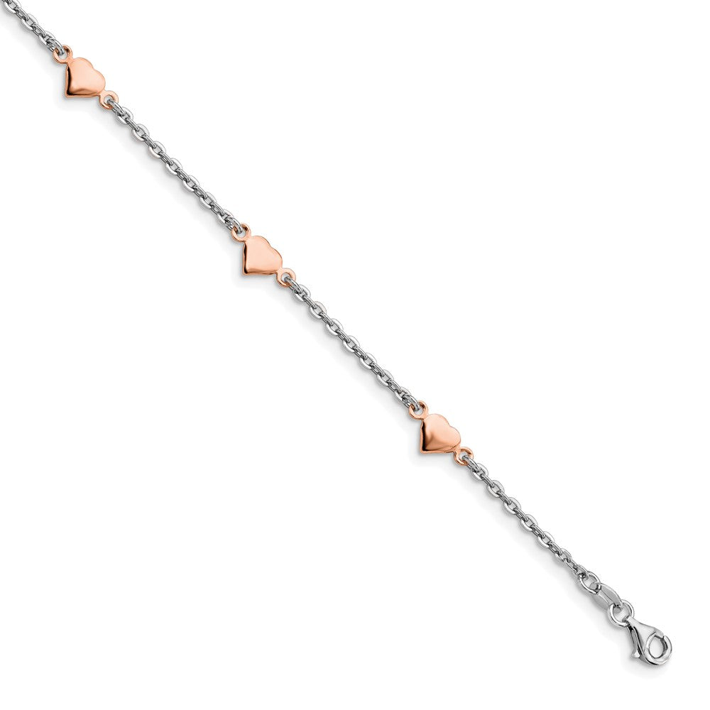 Sterling Silver Rhodium and Rose Gold-plated Heart  9 inch Plus 1 inch Extender - Total 10 inch Anklet