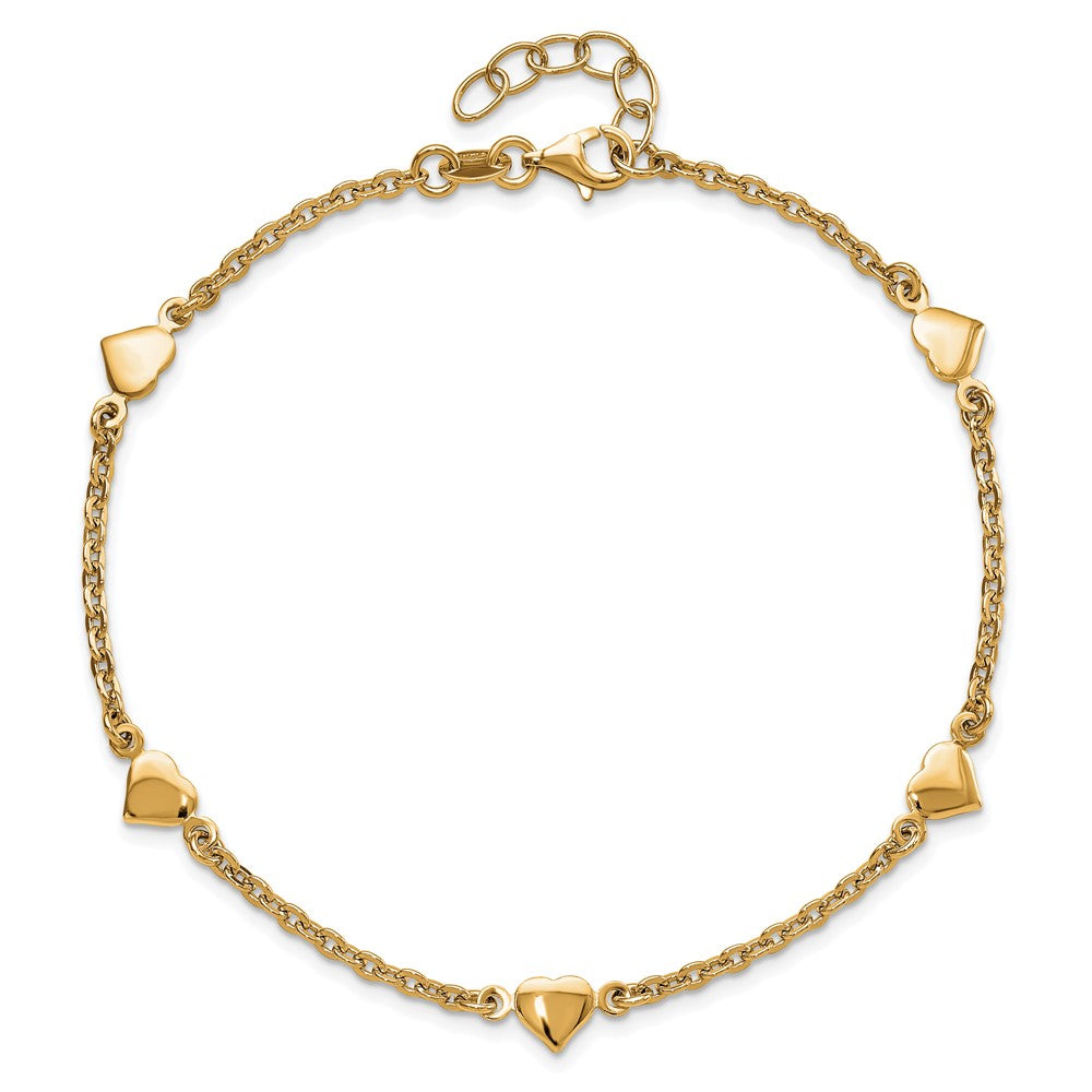 Sterling Silver Gold-plated Heart 5-Station 9 inch Plus 0.5 inch Extender - Total 9.5 inch Anklet