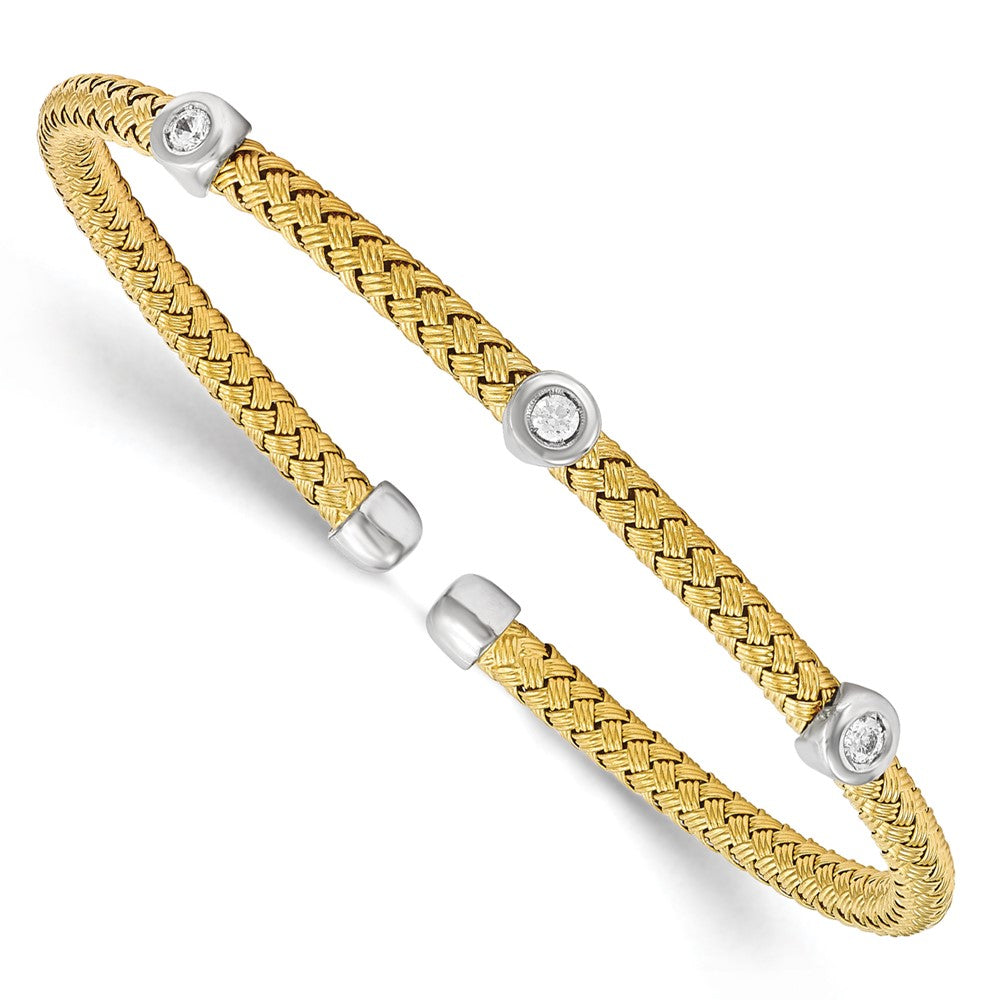 Polished;Sterling silver;CZ;Cuff;Rhodium;Flexible;Yellow;Woven
