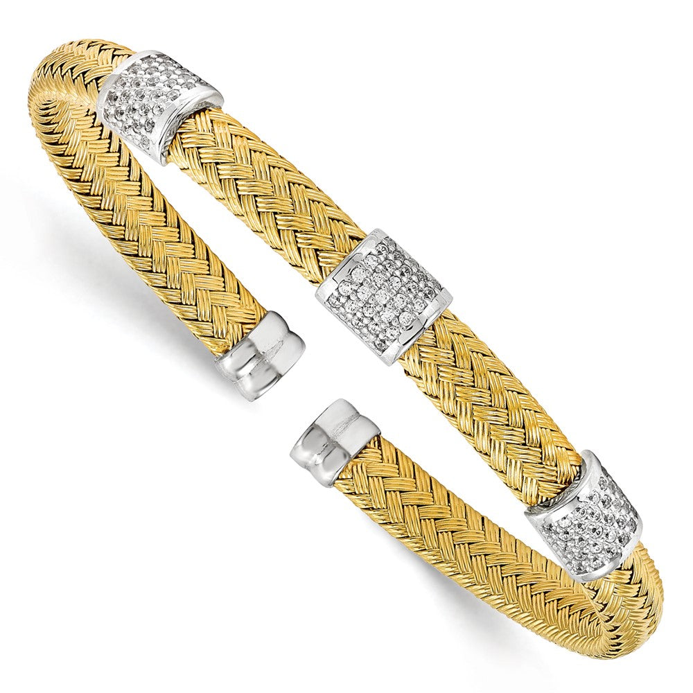 Polished;Sterling silver;CZ;Cuff;Flexible;Woven;Yellow rhodium