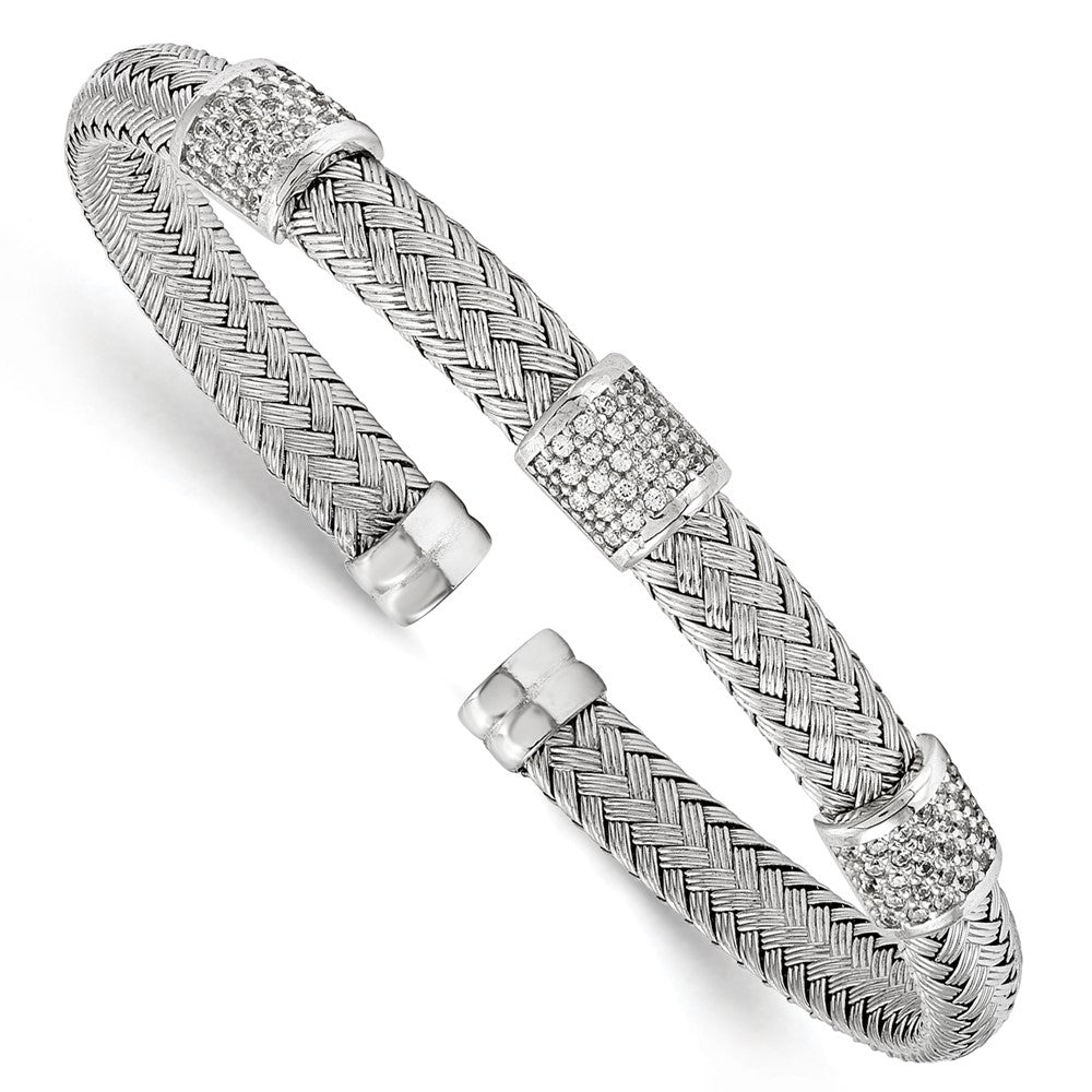 Polished;Sterling silver;CZ;Cuff;Rhodium;Flexible;Woven