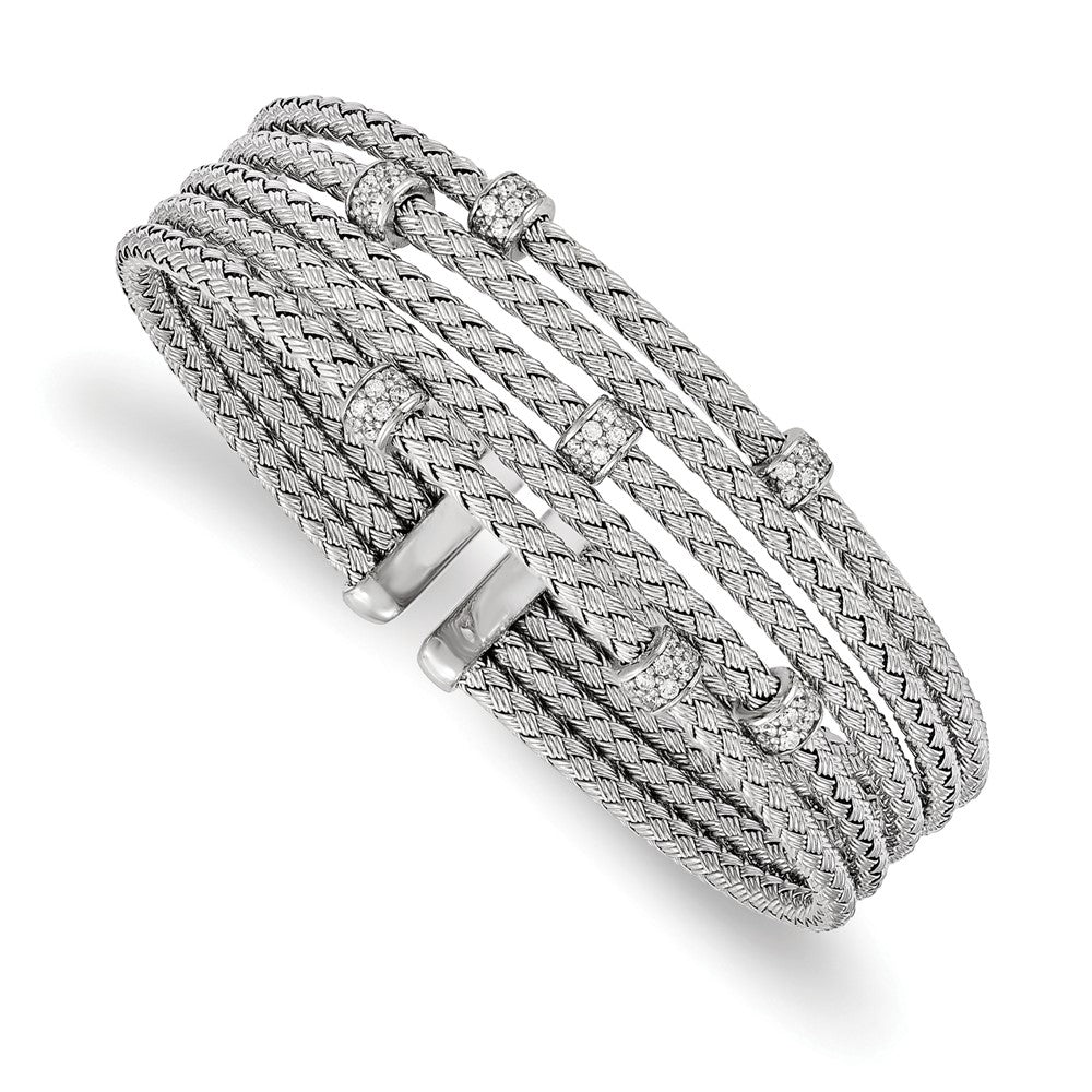 Polished;Sterling silver;CZ;Cuff;Rhodium;Flexible;Woven