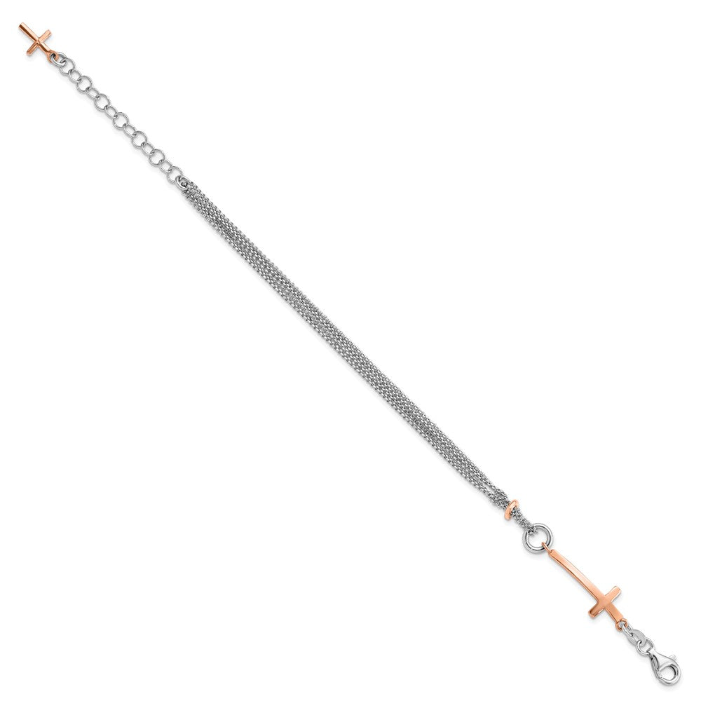 Sterling Silver w/Rose-tone Cross w/1.5in ext. w/Cross Bracelet