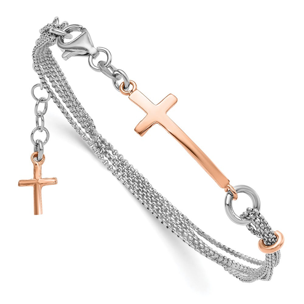 Sterling Silver w/Rose-tone Cross w/1.5in ext. w/Cross Bracelet