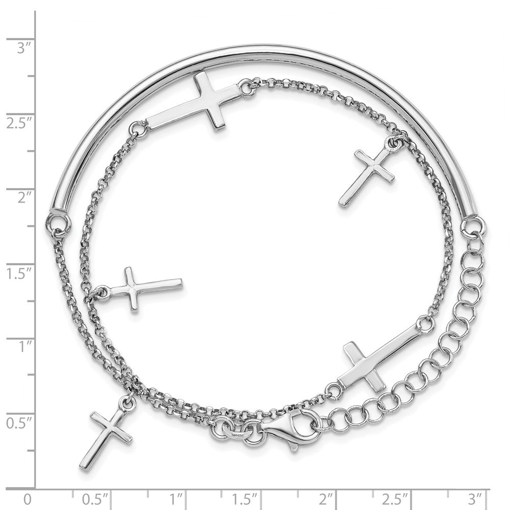 Sterling Silver RH-plt Polished Crosses w/2in ext. Wrap Bracelet