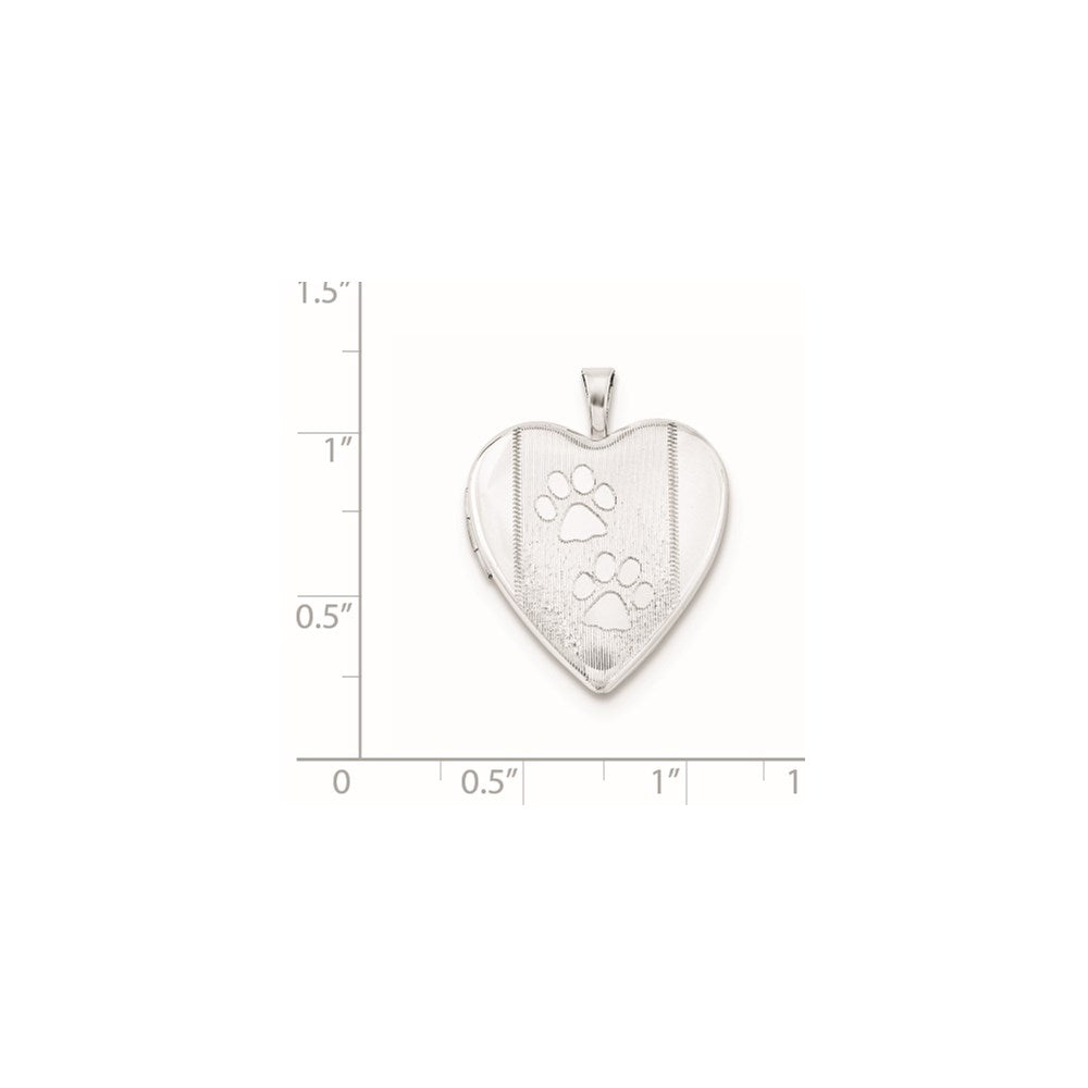 Sterling Silver Rhodium-plated Textured & Polished Paw Prints Heart Locket