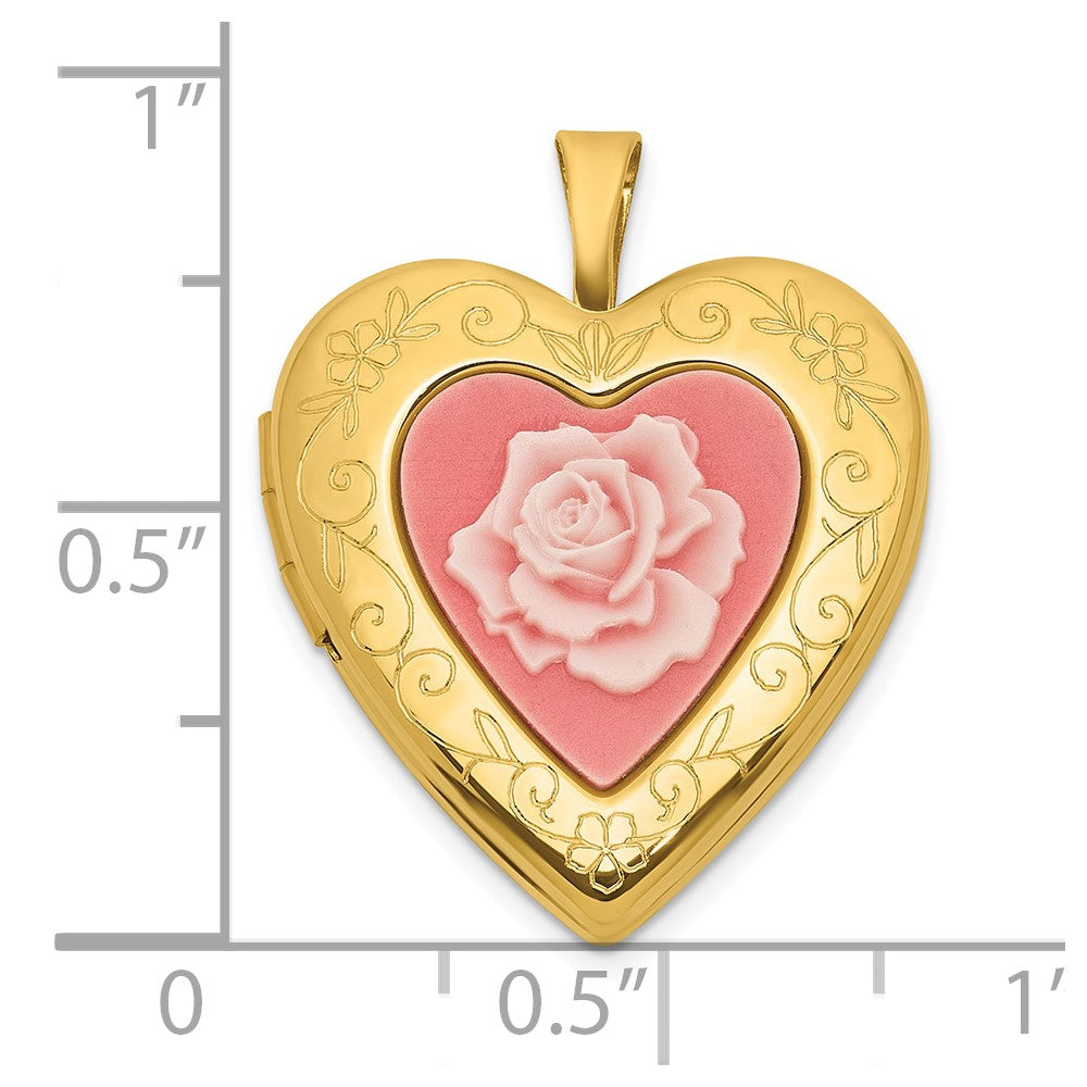 Sterling Silver Gold-plated Polished Front/Brushed Back Pink Rose Resin Cameo 20mm Heart Locket