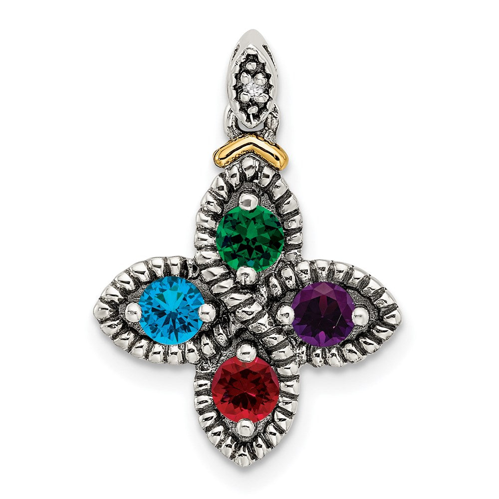 Sterling Silver Antiqued w/14k 4-stone w/Diamond Mothers Pendant Semi-Mount