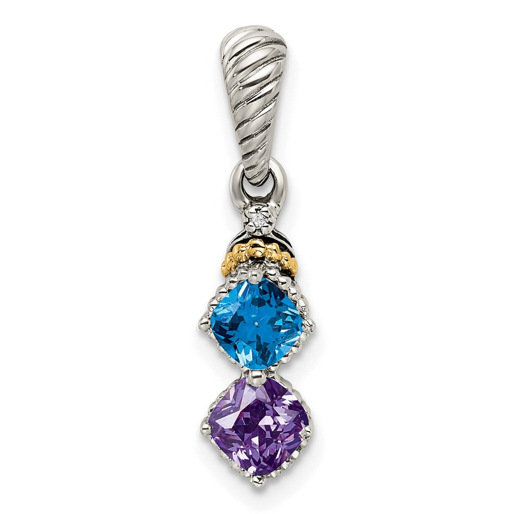 Sterling Silver Antiqued w/14k 2-stone w/Diamond Mothers Pendant Semi-Mount