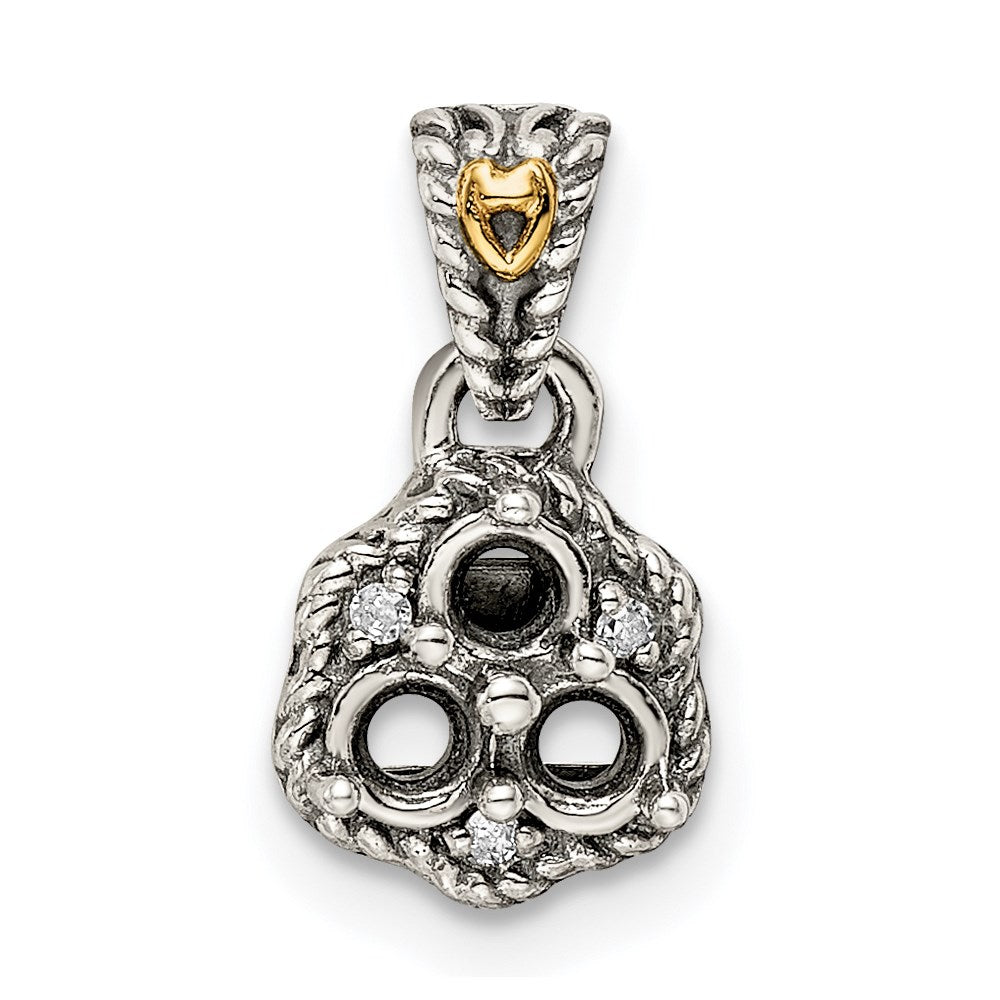 Sterling Silver Antiqued w/14k 3-stone w/Diamond Mothers Pendant Semi-Mount