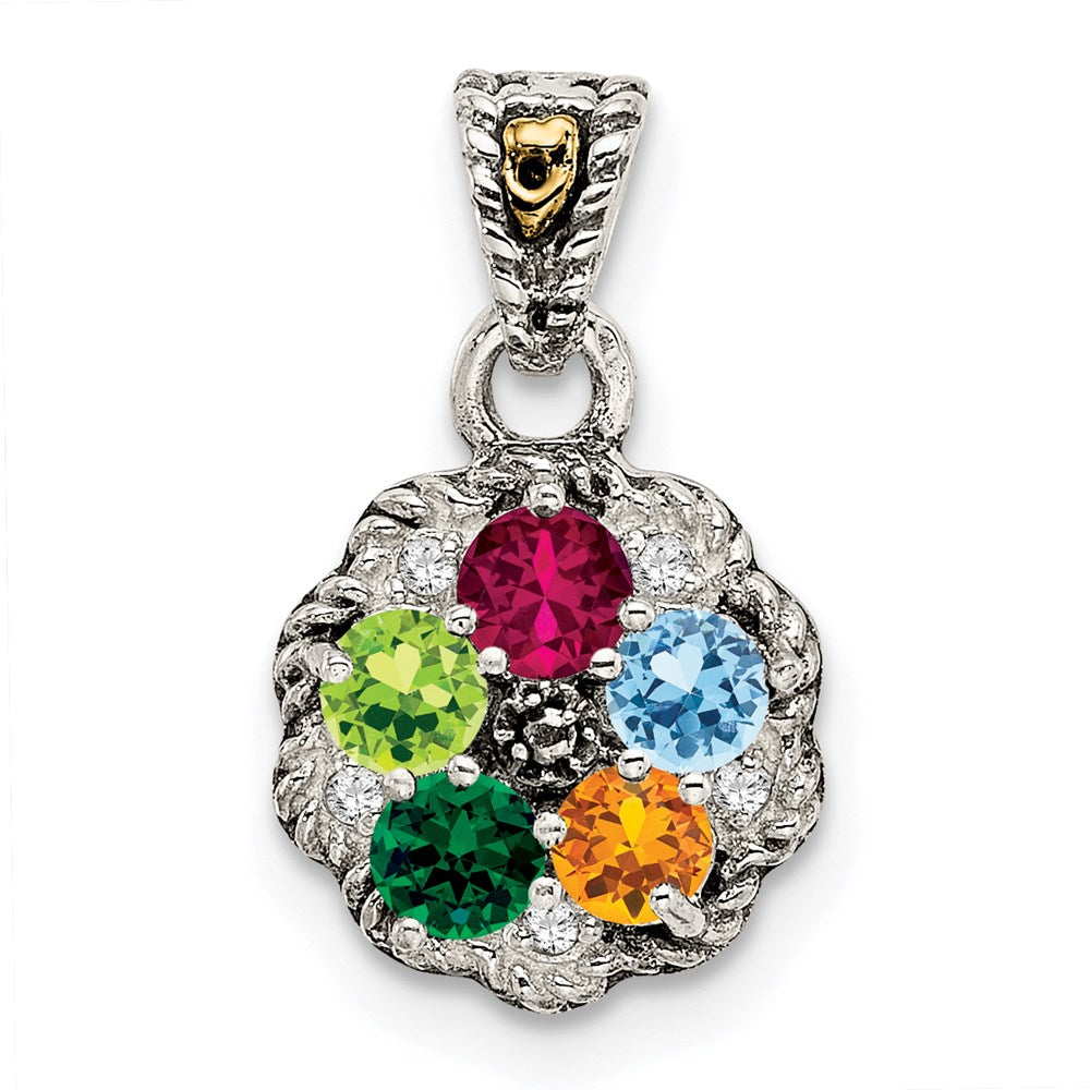 Sterling Silver Antiqued w/14k 5-stone w/Diamond Mothers Pendant Semi-Mount