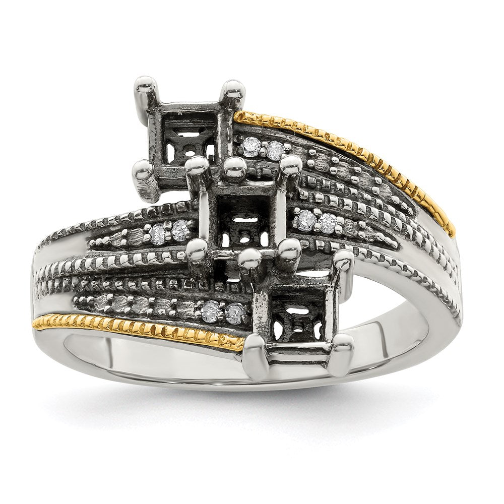 Sterling Silver Antiqued w/14k 3-stone w/Diamond Mother's Semi-Mount Ring