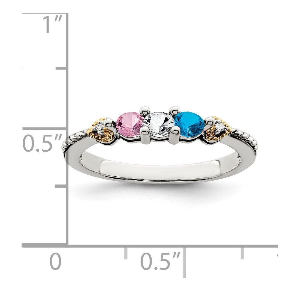 Sterling Silver Antiqued w/14k 3-stone w/Diamond Mother's Semi-Mount Ring