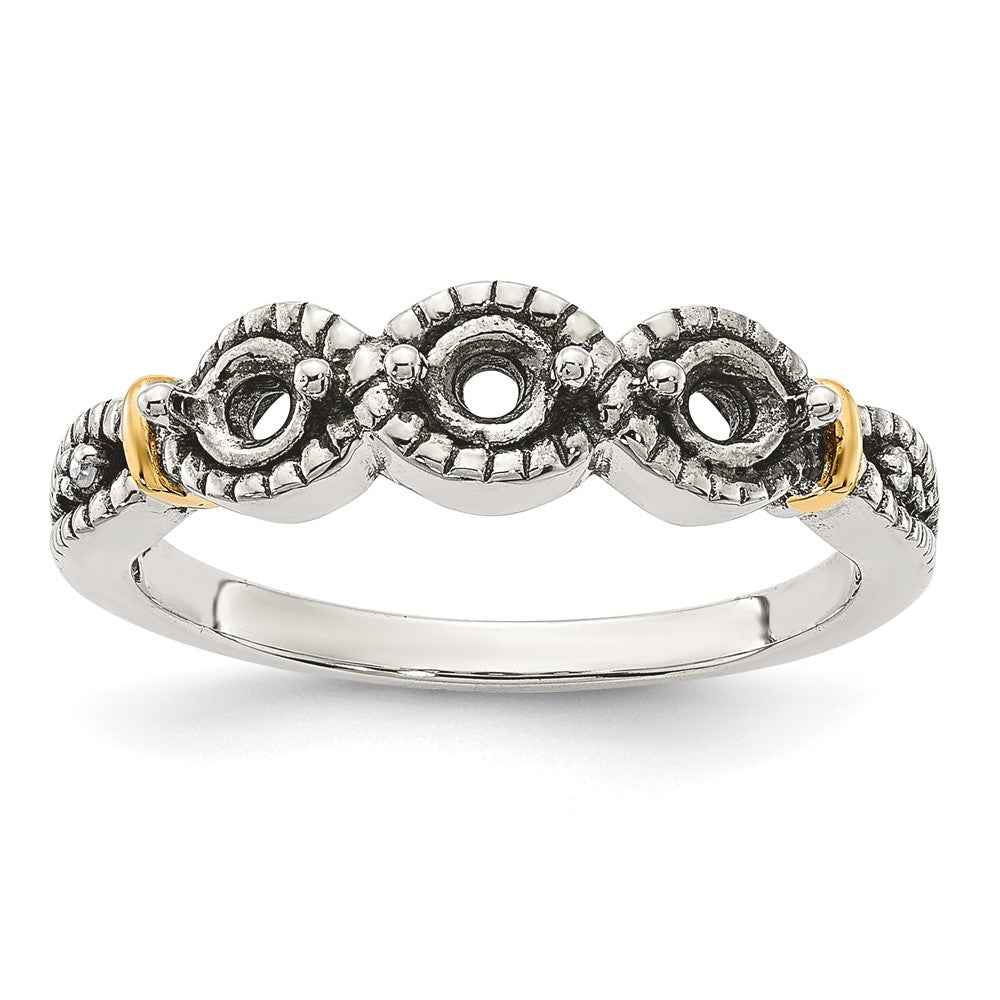Sterling Silver Antiqued w/14k 3-stone w/Diamond Mother's Ring Semi-Mount
