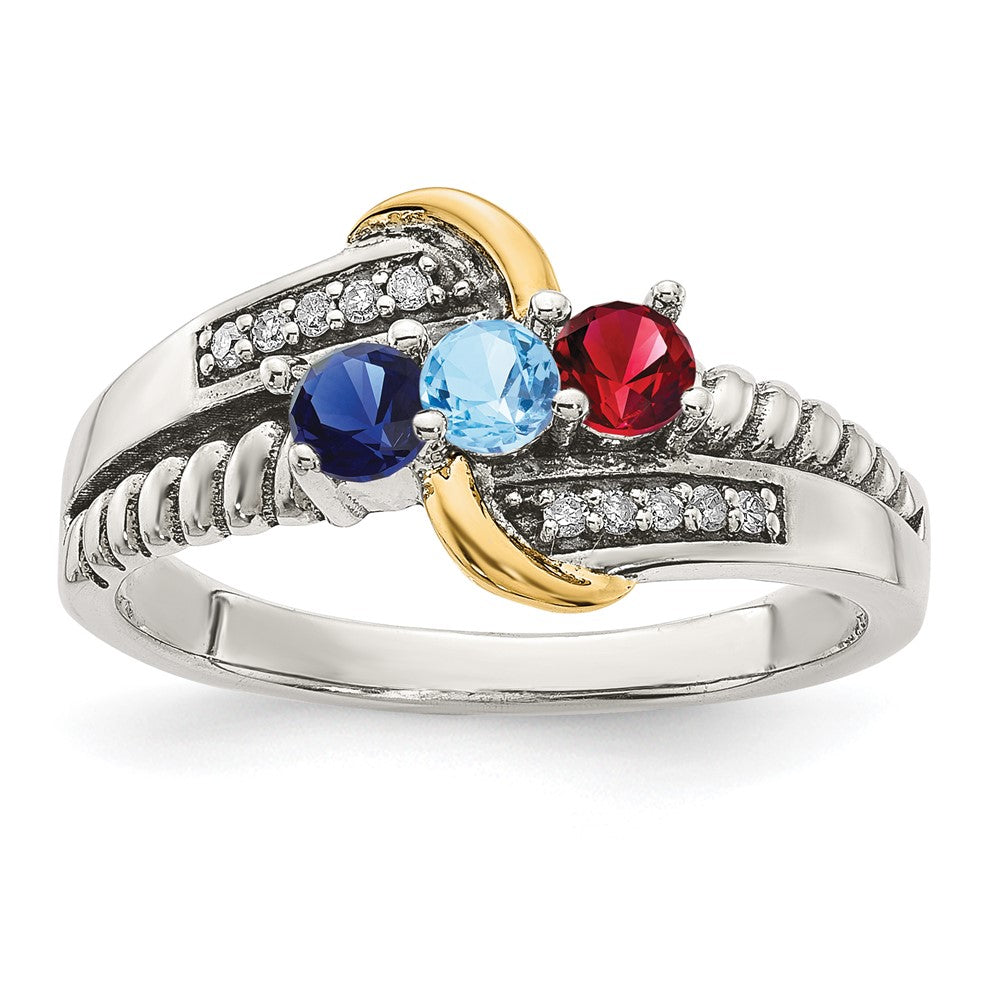 Sterling Silver Antiqued w/14k 3-stone w/Diamond Mother's Ring Semi-Mount
