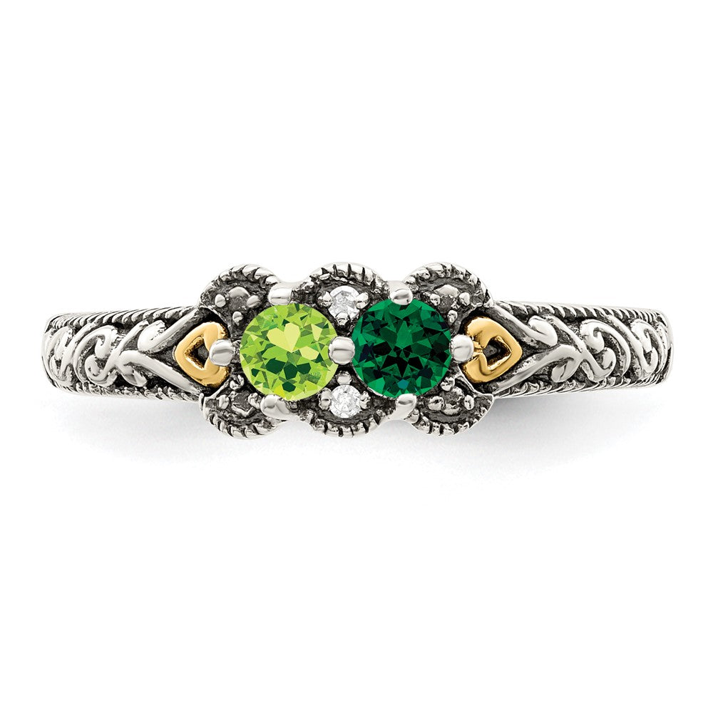 Sterling Silver Antiqued w/14k 2-stone w/Diamond Mother's Ring Semi-Mount