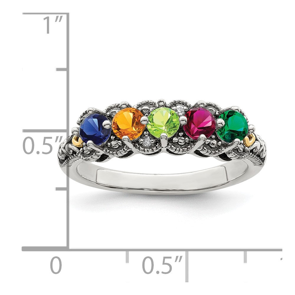Sterling Silver Antiqued w/14k 5-stone w/Diamond Mother's Ring Semi-Mount