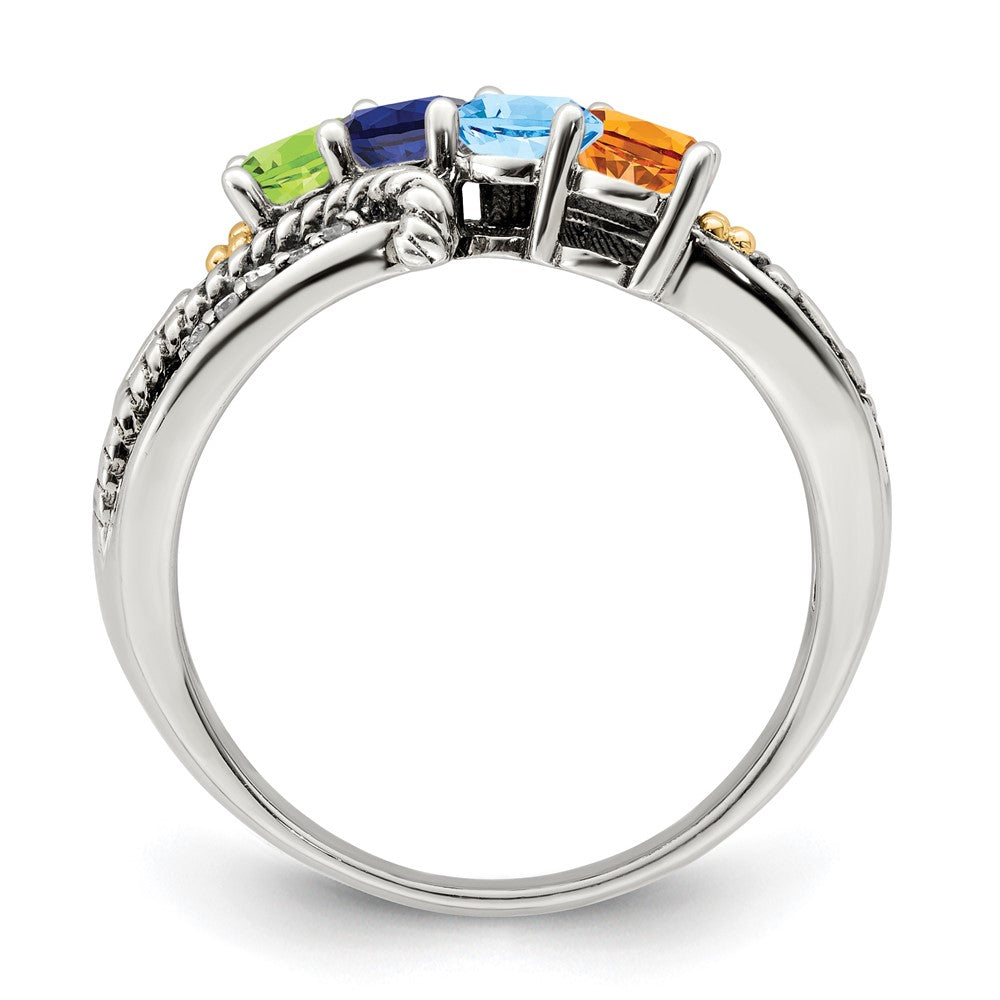Sterling Silver Antiqued w/14k 4-stone w/Diamond Mother's Ring Semi-Mount
