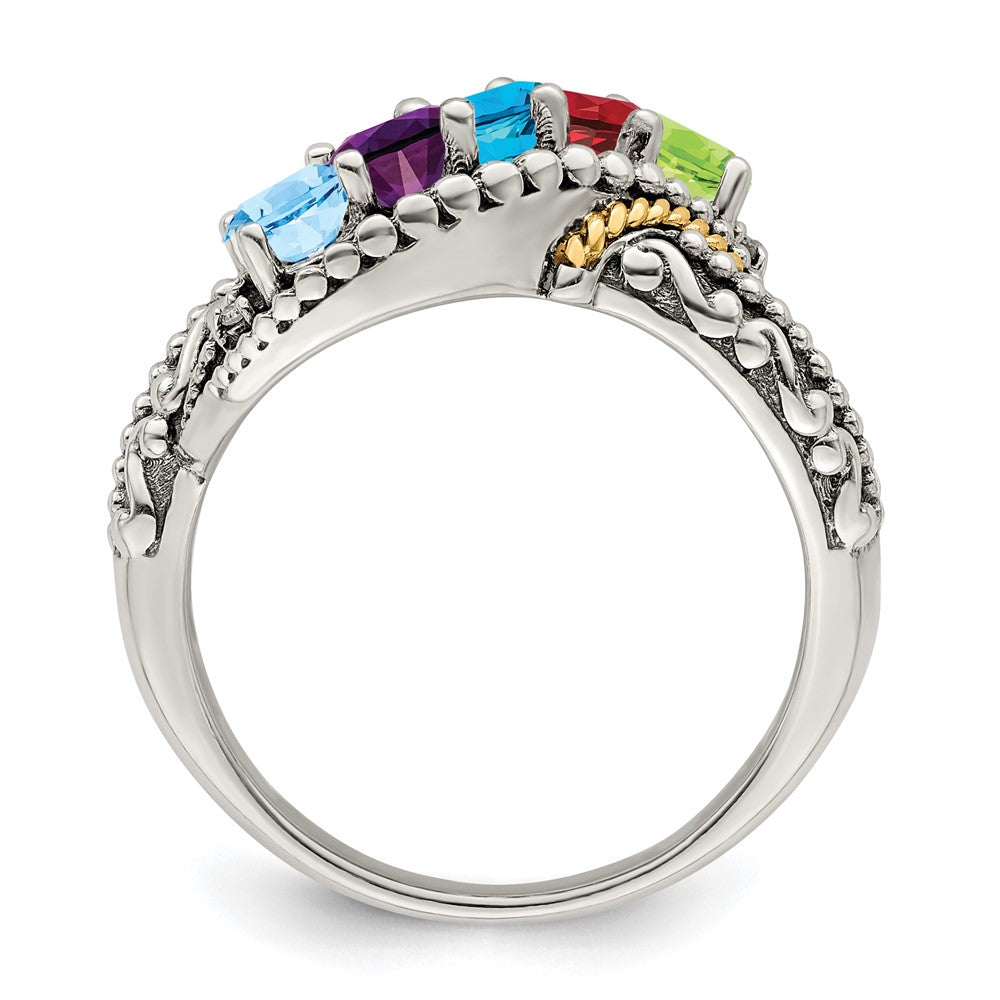 Sterling Silver Antiqued w/14k 5-stone w/Diamond Mother's Ring Semi-Mount