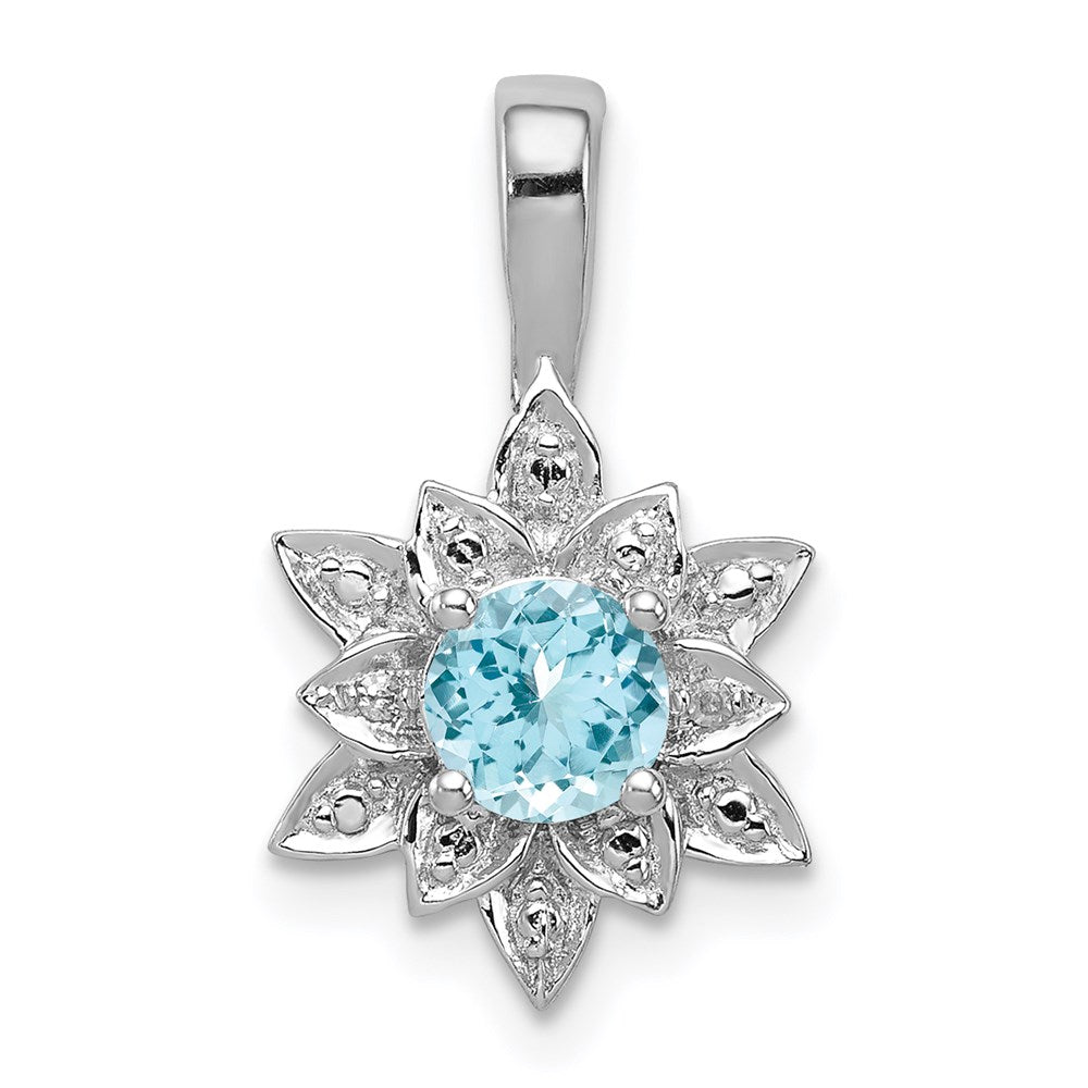 Polished;Open back;Sterling silver;Diamond;Prong set;Rhodium-plated;Blue Topaz;Chain slide;Fancy cut-out back