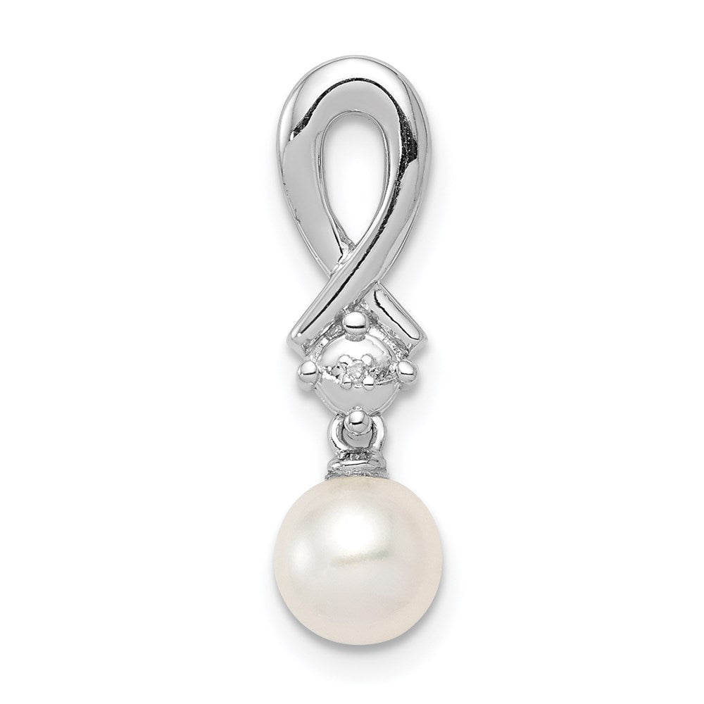 Polished;Sterling silver;Freshwater cultured pearl;Diamond accent;Rhodium-plated;Chain slide