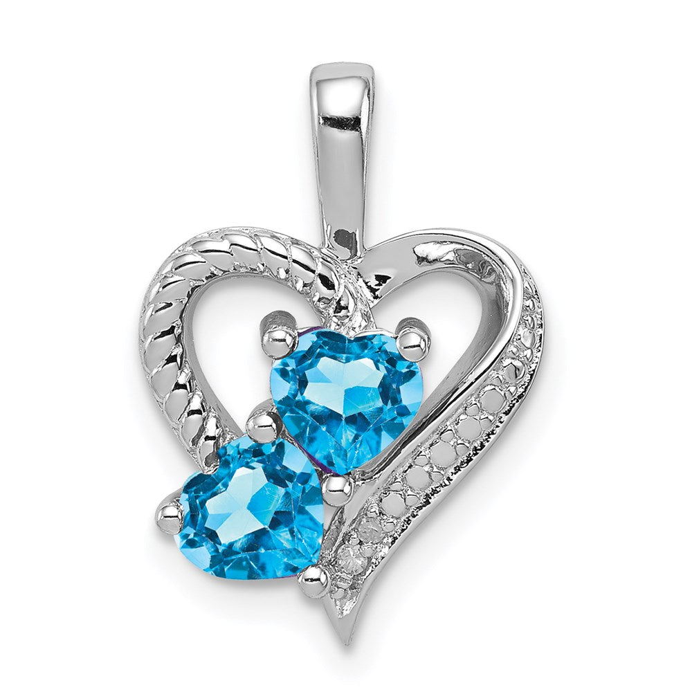 Polished;Sterling silver;Diamond;Prong set;Rhodium-plated;Open;Blue Topaz;Chain slide;Fancy cut-out back