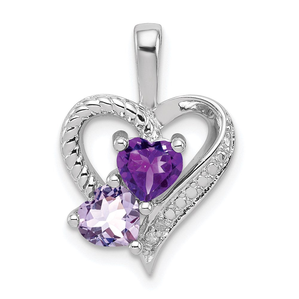 Polished;Open back;Genuine;Sterling silver;Amethyst;Diamond;Pink quartz;Prong set;Textured;Chain slide