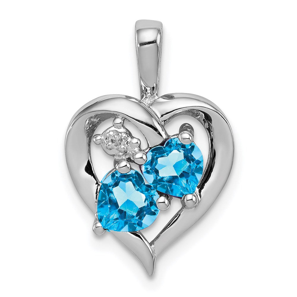 Polished;Open back;Sterling silver;Diamond;Prong set;Rhodium-plated;Blue Topaz;Chain slide;Fancy cut-out back
