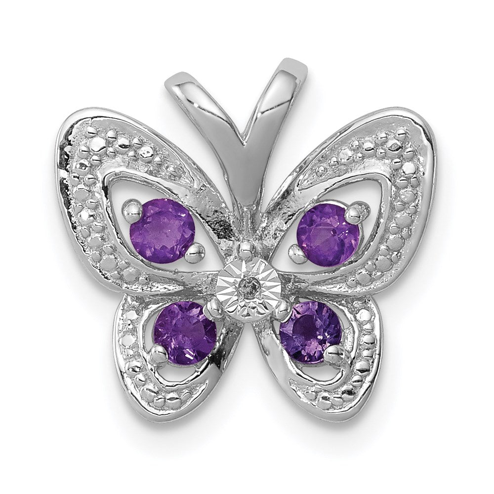 Polished;Genuine;Sterling silver;Amethyst;Prong set;Diamond accent;Chain slide