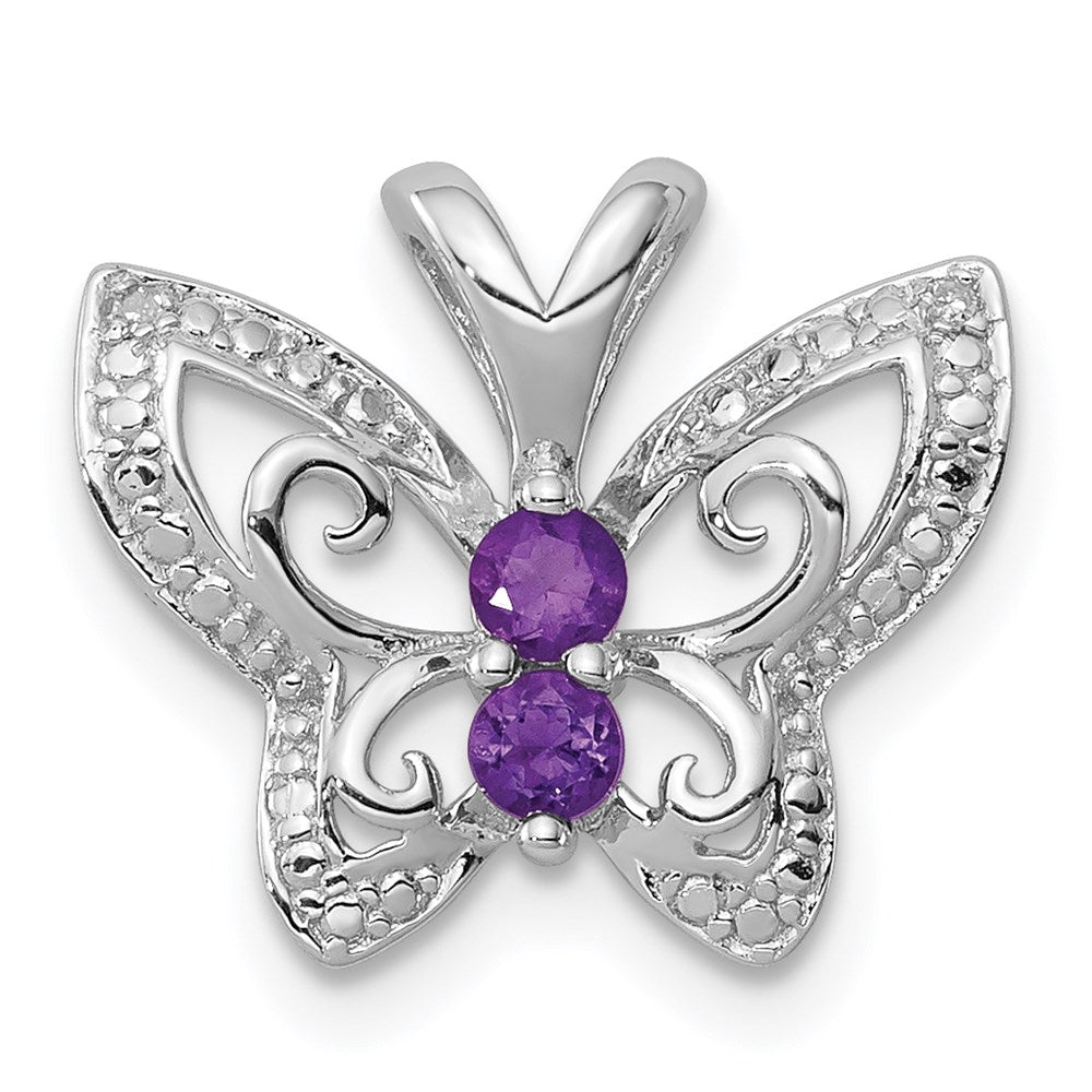 Polished;Genuine;Sterling silver;Amethyst;Diamond;Prong set;Chain slide