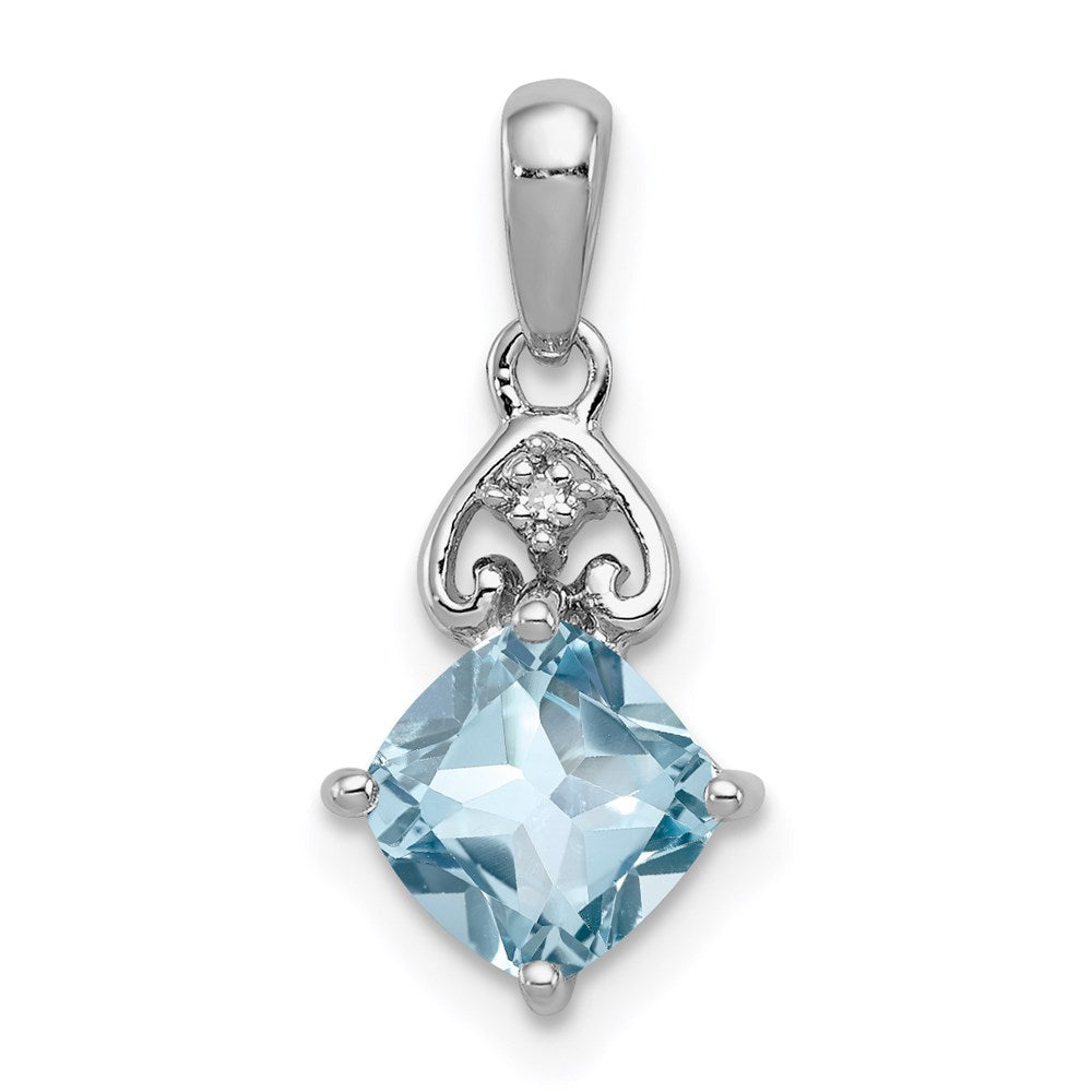 Polished;Open back;Sterling silver;Prong set;Diamond accent;Rhodium-plated;Blue Topaz;Fancy cut-out back