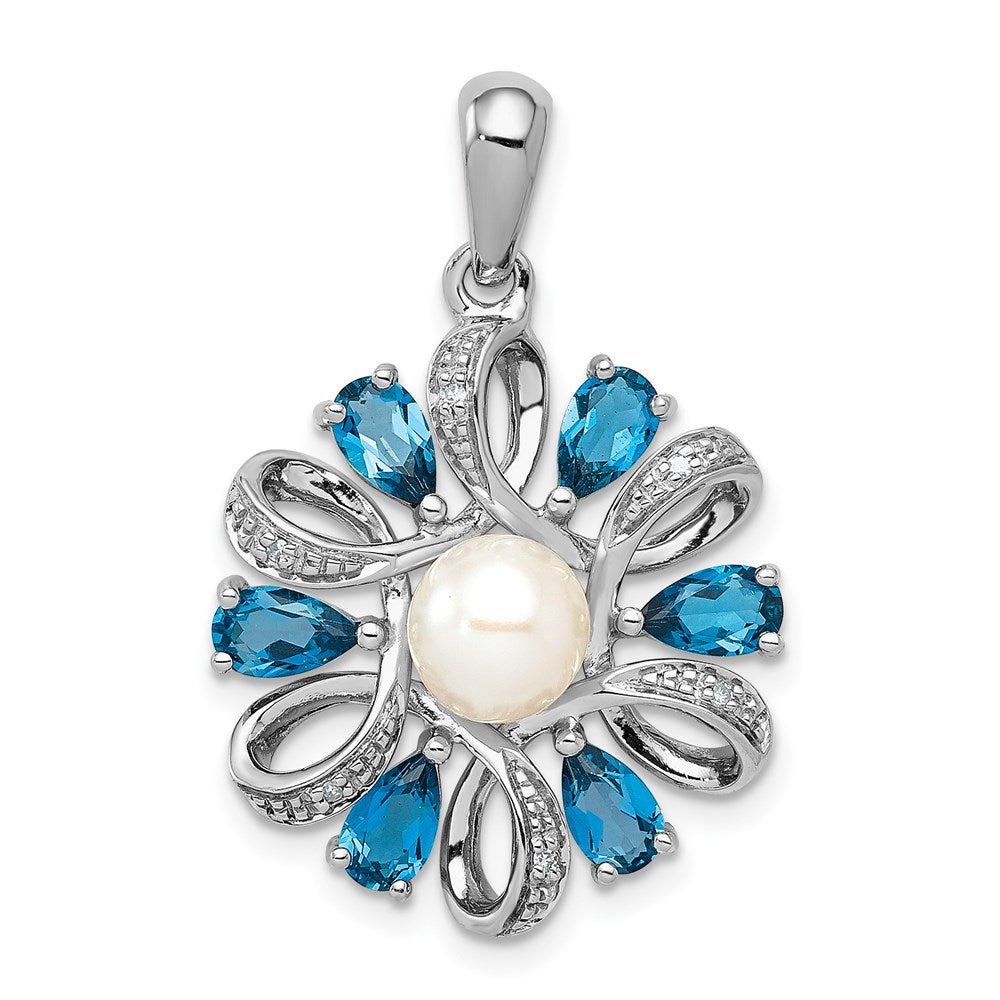 Polished;Genuine;Sterling silver;Diamond;London blue topaz;Rhodium-plated