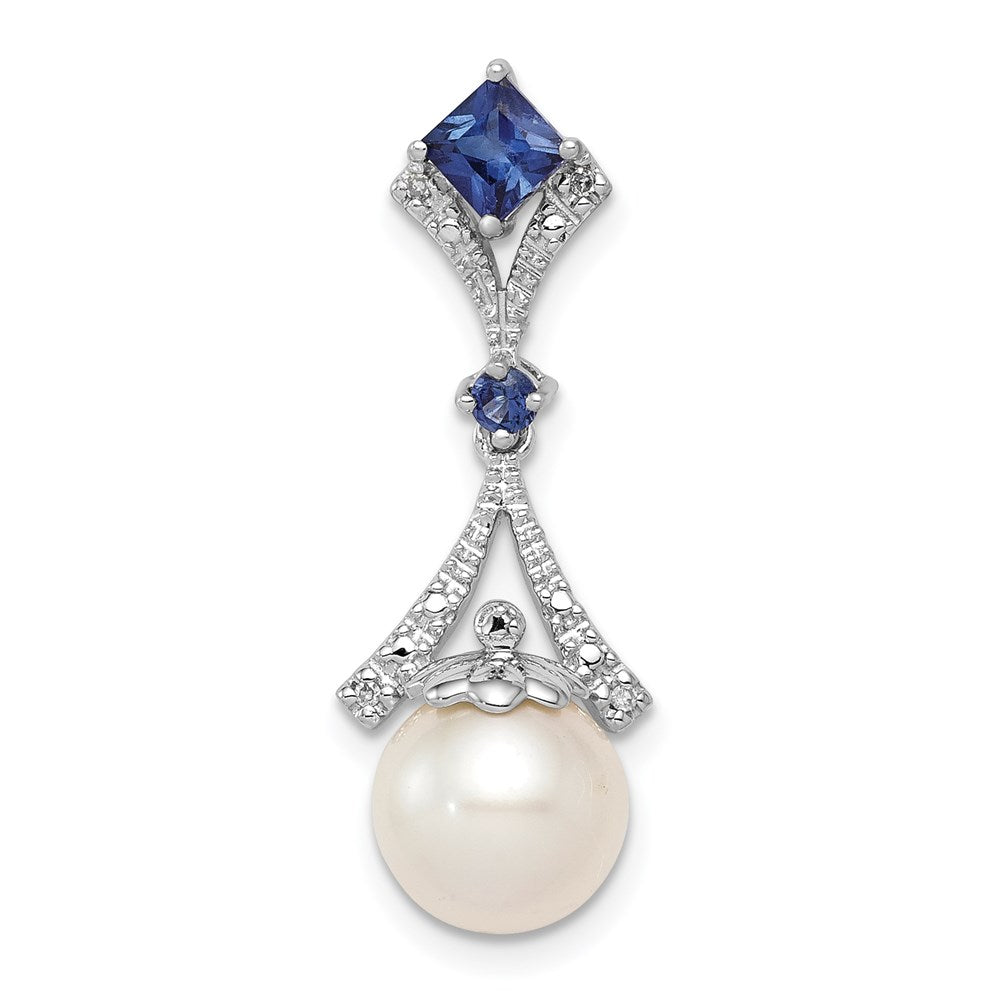 Polished;Sterling silver;Freshwater cultured pearl;Diamond;Rhodium-plated;Created Sapphire;Chain slide