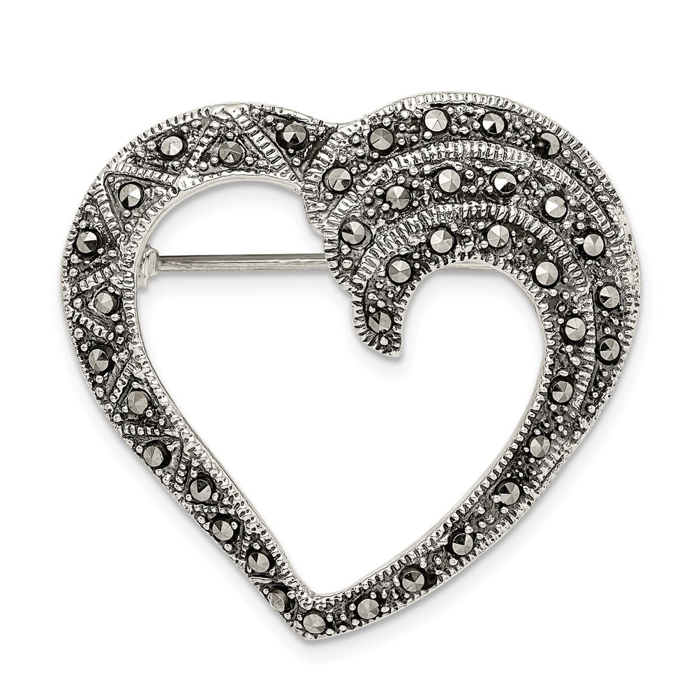 Sterling silver;Marcasite;Textured;Heart;Antiqued