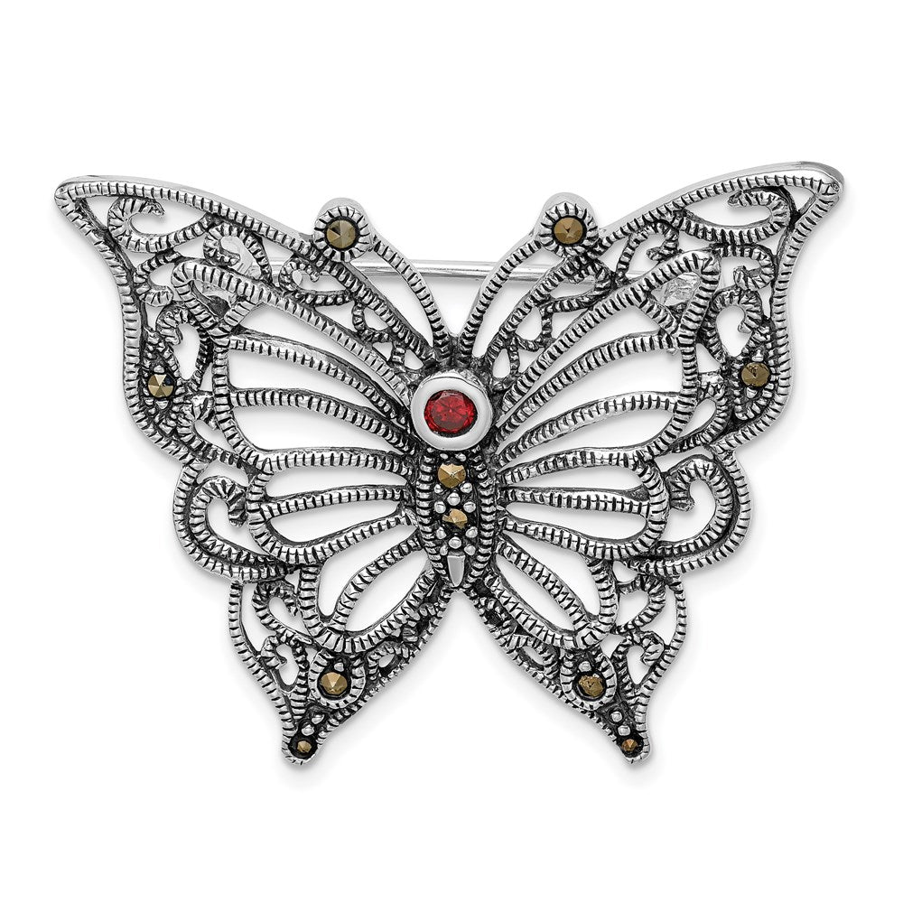 Antique finish;Sterling silver;Marcasite;Textured;Rhodium-plated;Red CZ