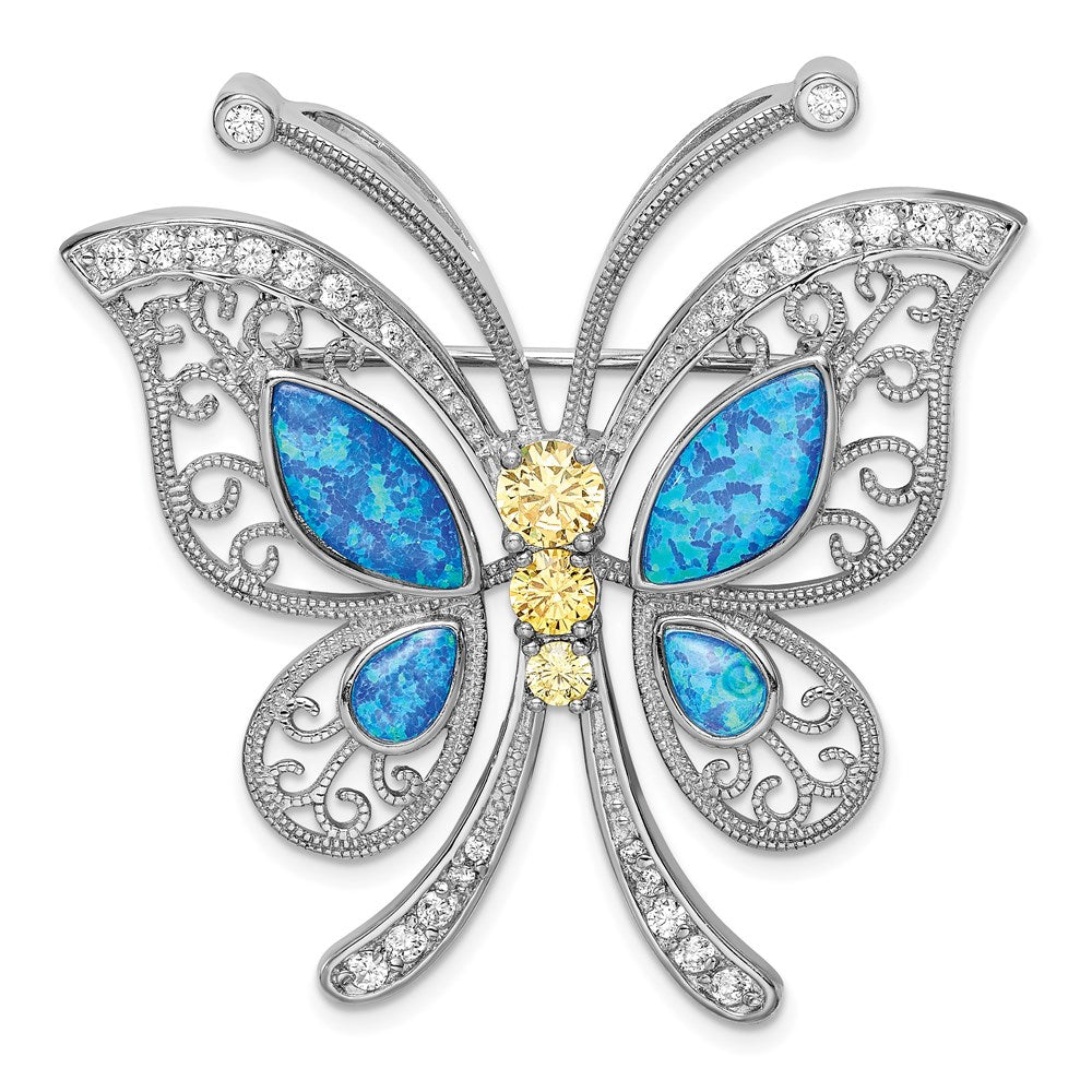 Polished;Sterling silver;CZ;Created opal;Textured;Rhodium-plated