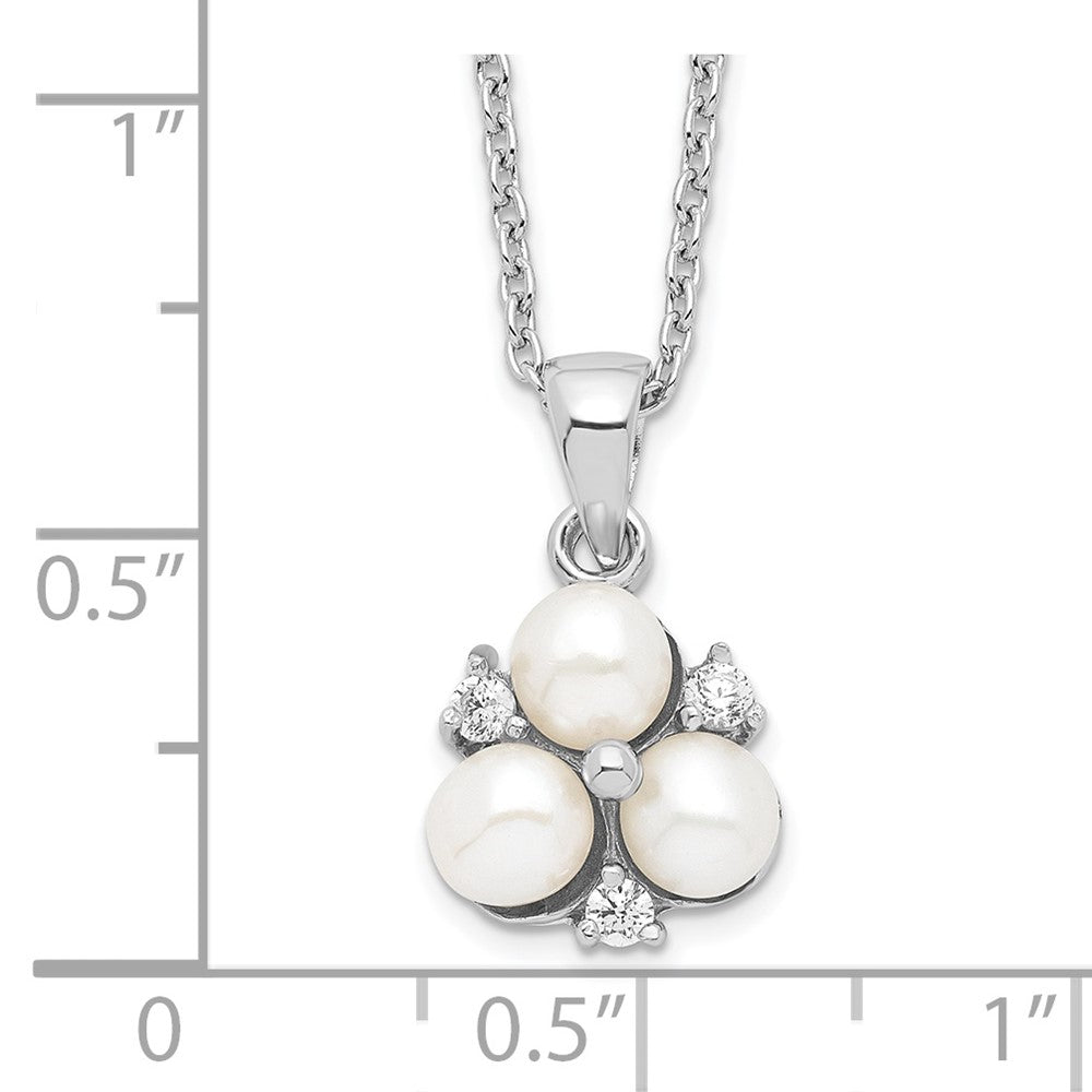 Sterling Silver Rhodium-plated 5-6mm White Button Freshwater Cultured 3-Pearl and CZ 17 inch Necklace