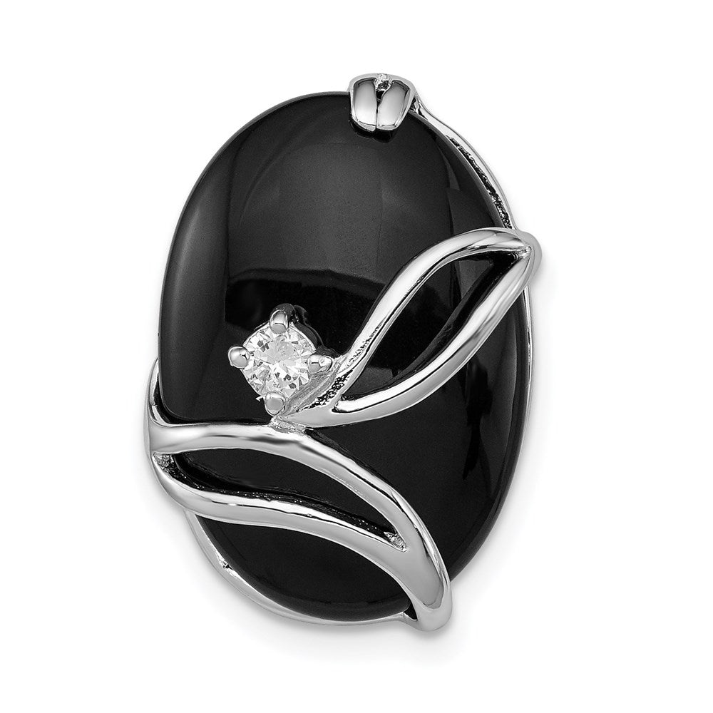 Polished;Open back;Sterling silver;CZ;Onyx;Rhodium-plated;Chain slide;Hidden bail