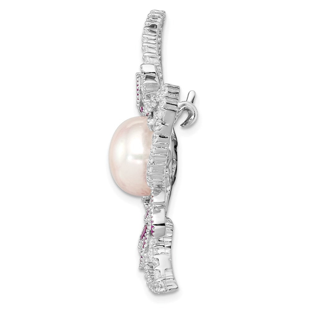 Sterling Silver Rhodium-plated 10-11mm White Button Freshwater Cultured Pearl, CZ and 2.50 Carat Pink Corundum Flower Pin