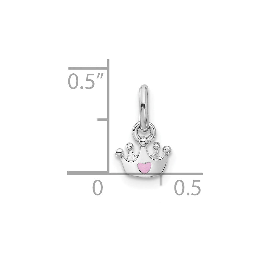 Sterling Silver RH-plated Pink Enameled Heart Crown Children's Pendant