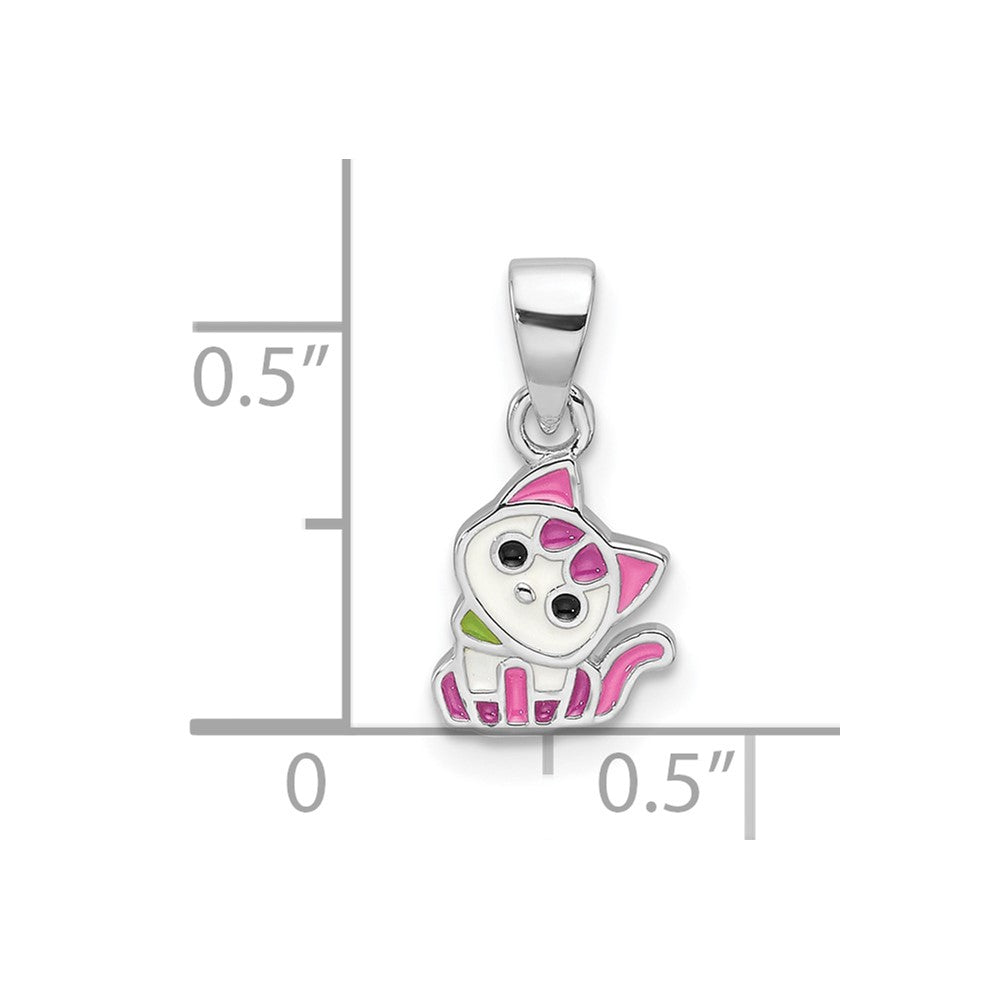 Sterling Silver Rhod-plated Multi-color Enameled Cat Children's Pendant