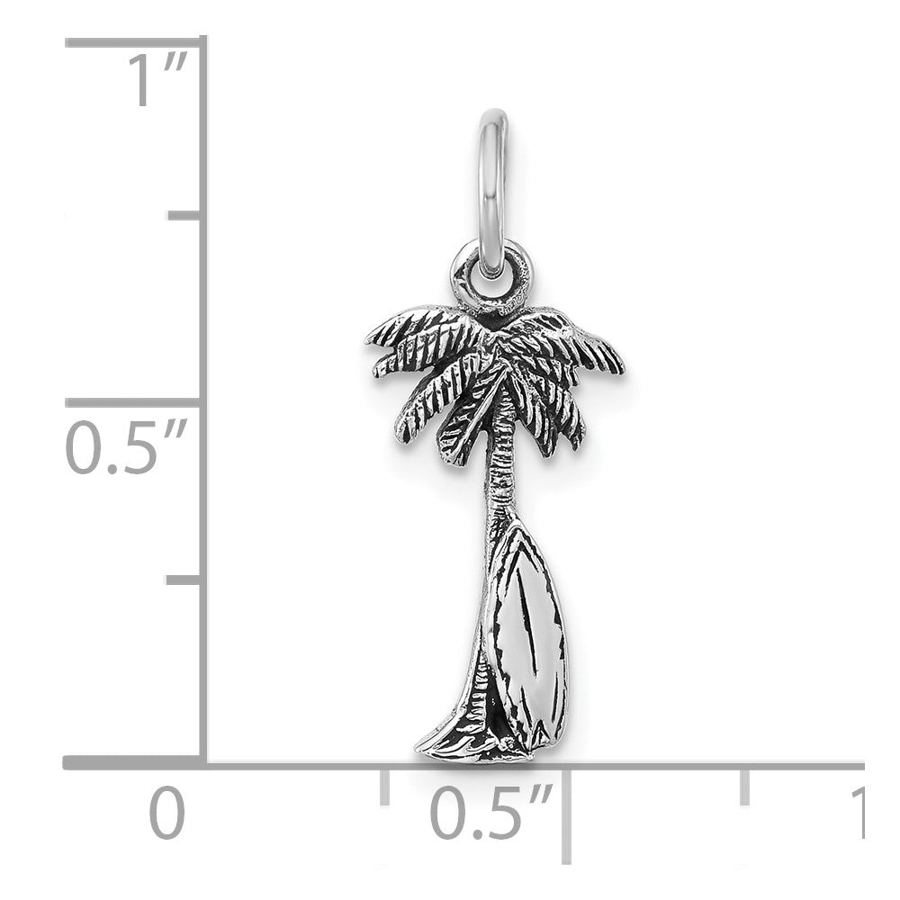 Sterling Silver Rhodium-plated Antiqued Palm Tree and Surfboard Pendant