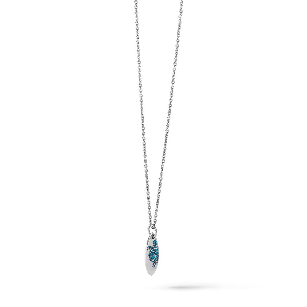 Sterling Silver Rhodium-plated Polished Blue Enamel Turtle Surfboard Pendant