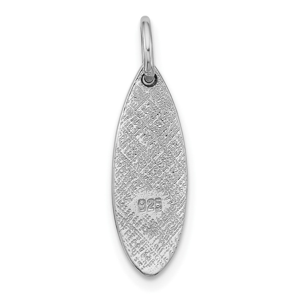 Sterling Silver Rhodium-plated Polished Blue and Black Enamel Aloha Surfboard Pendant
