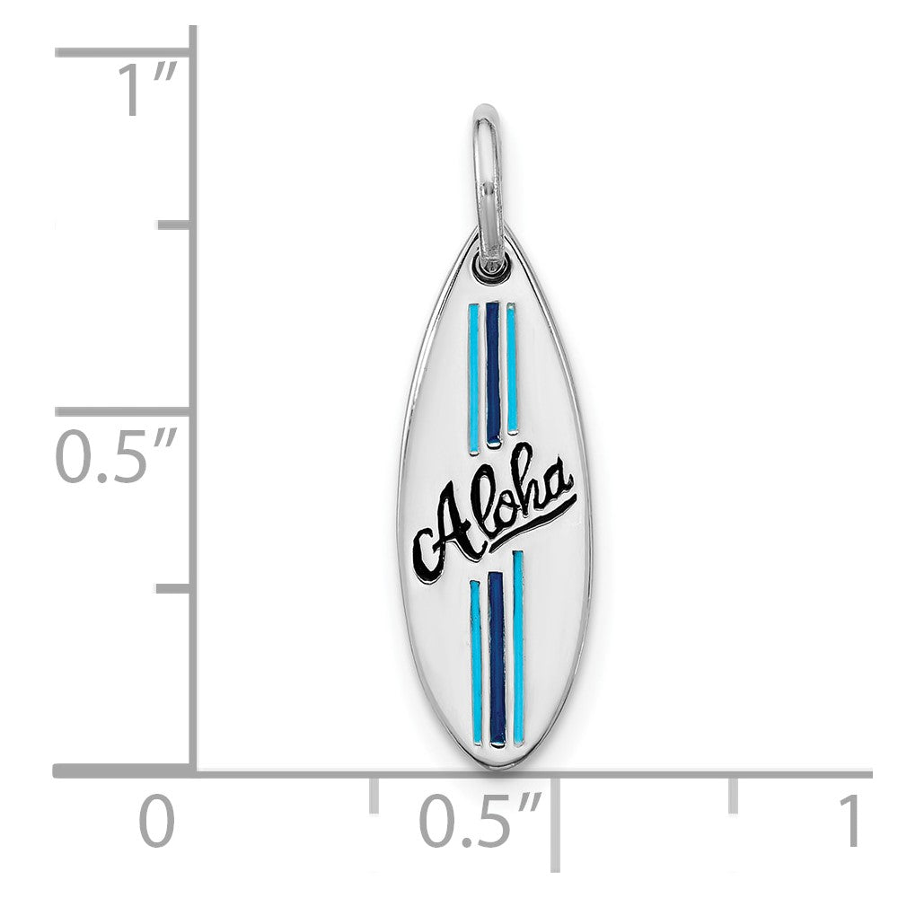 Sterling Silver Rhodium-plated Polished Blue and Black Enamel Aloha Surfboard Pendant