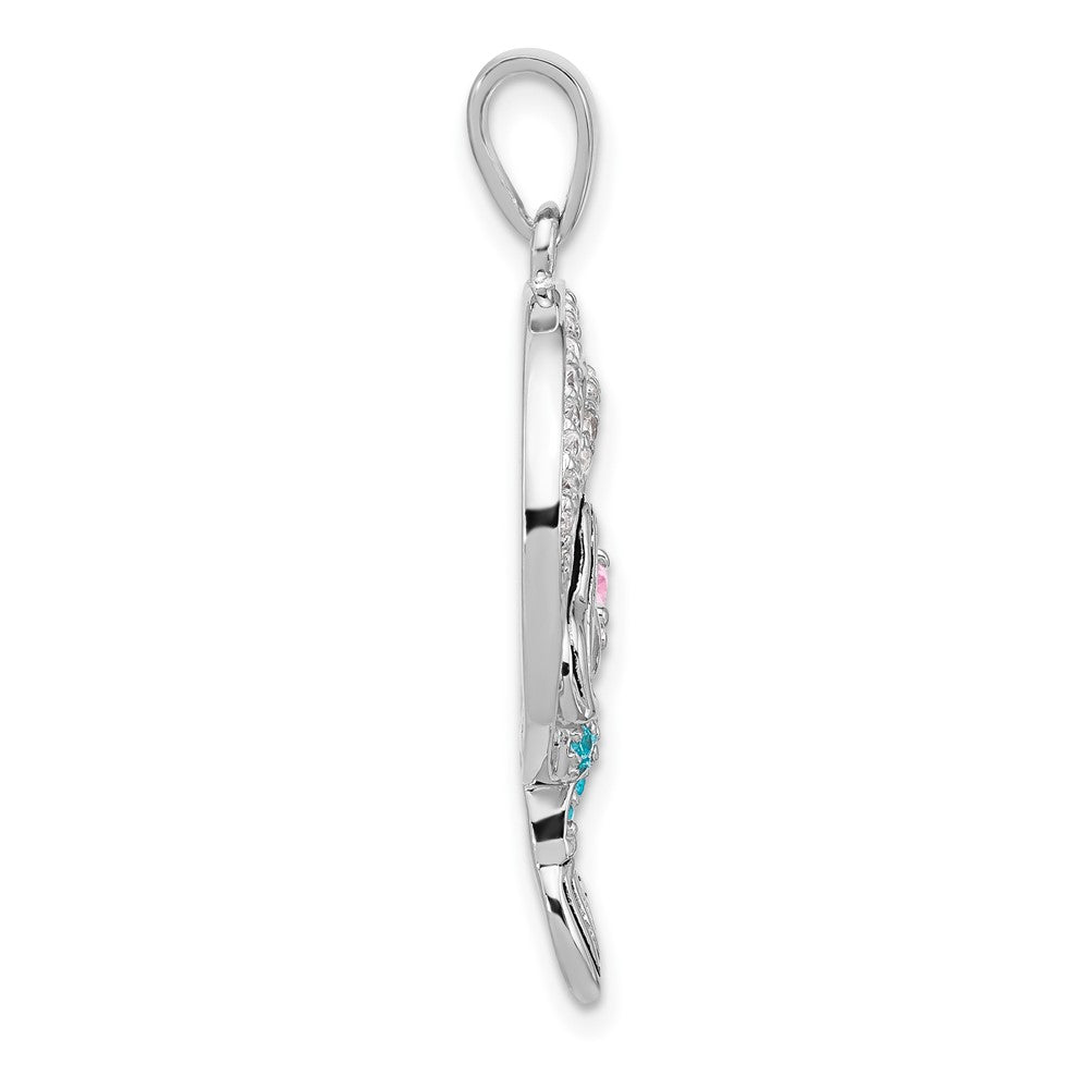 Sterling Silver Rhodium-plated Polished and Antiqued White Pink and Blue CZ Round Mermaid Pendant