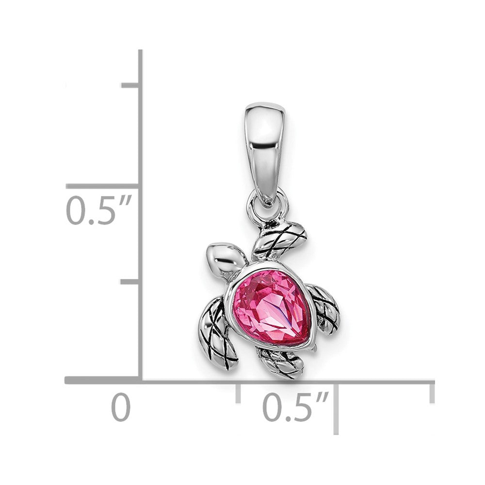 Sterling Silver Rhodium-plated Polished and Antiqued Crystal October Birthstone Turtle Pendant
