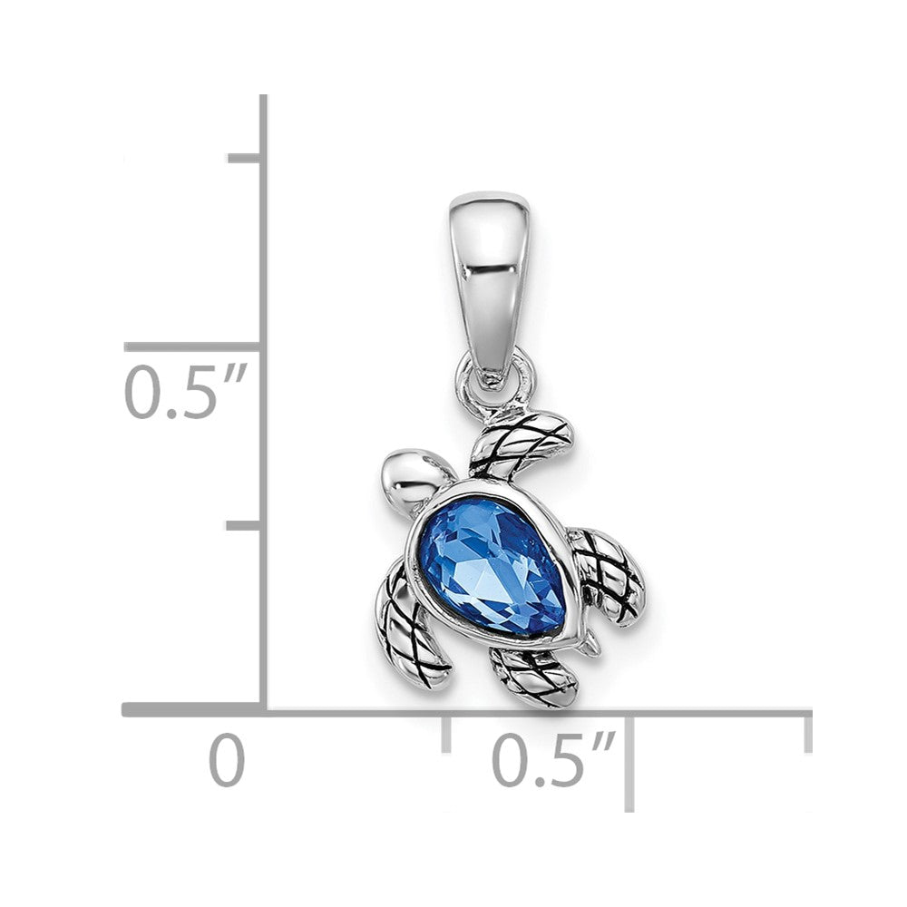 Sterling Silver Rhodium-plated Polished and Antiqued Crystal September Birthstone Turtle Pendant
